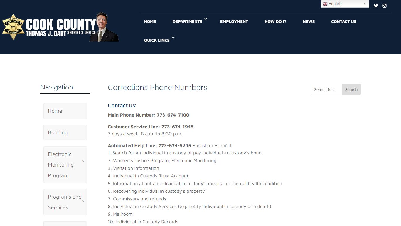 Corrections Phone Numbers - Cook County Sheriff's Office